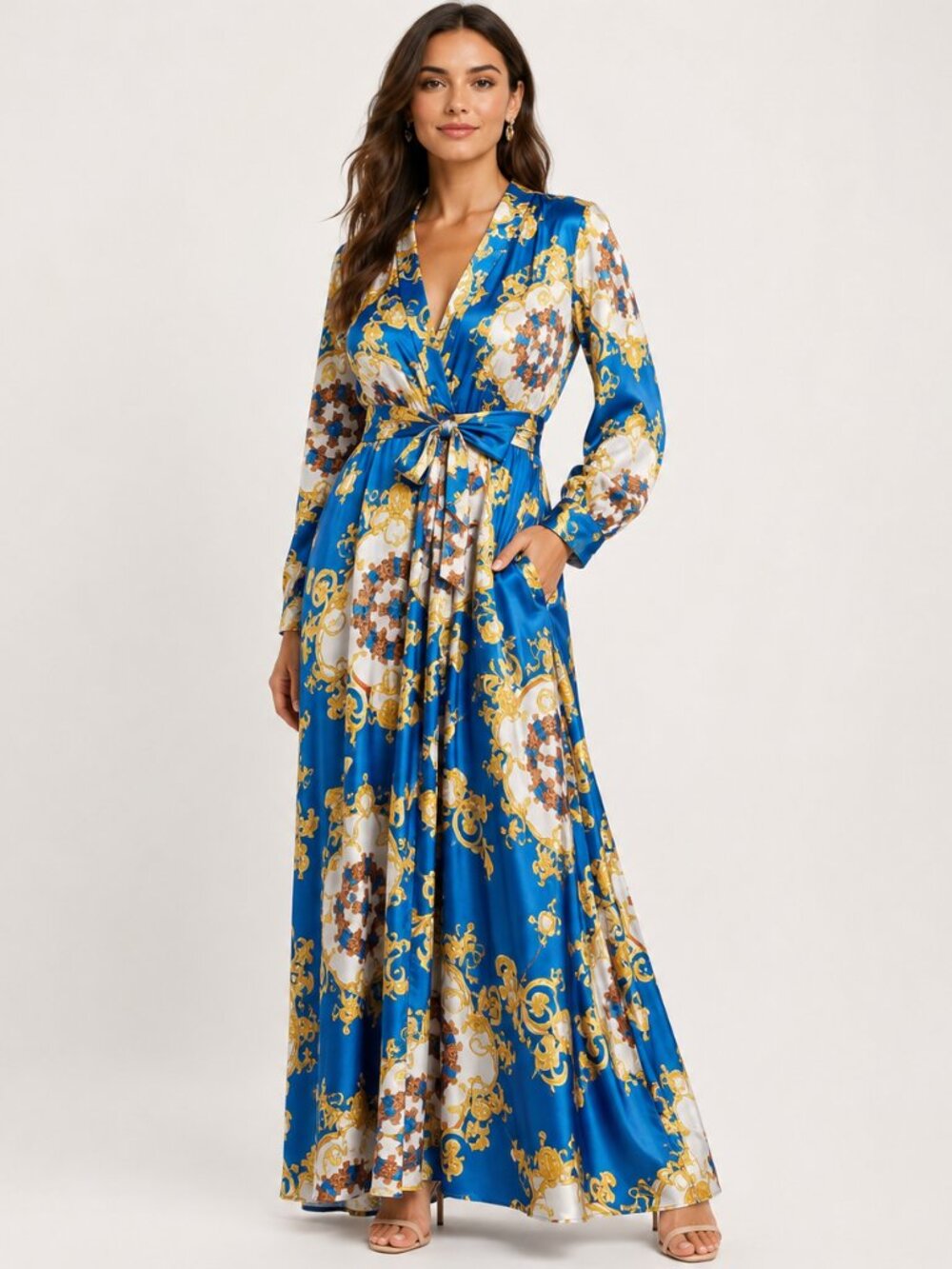 Vibrant Blue Gold Baroque Print Long Sleeve Maxi Gown dress